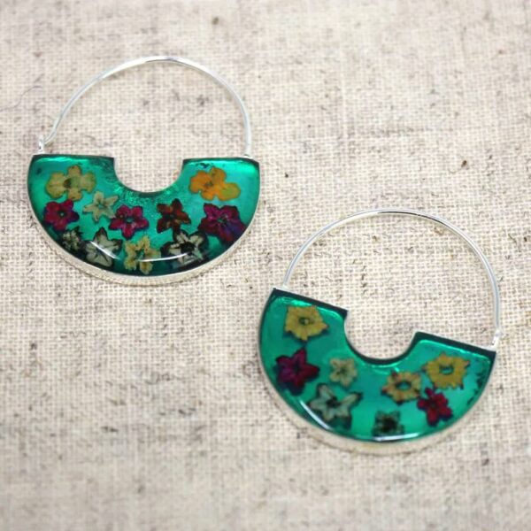 Green Pressed Flowers Basket Hoop Earrings - Image 2