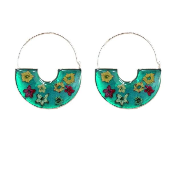 Green Pressed Flowers Basket Hoop Earrings - Image 3