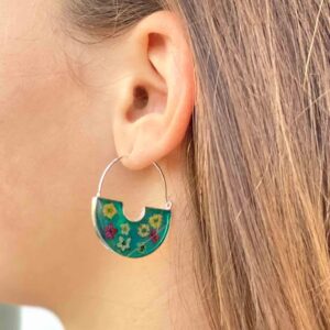 Green Pressed Flowers Basket Hoop Earrings