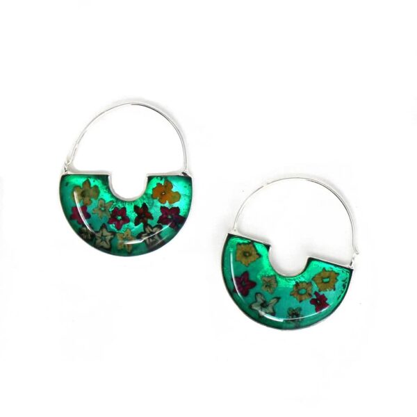 Green Pressed Flowers Basket Hoop Earrings - Image 4