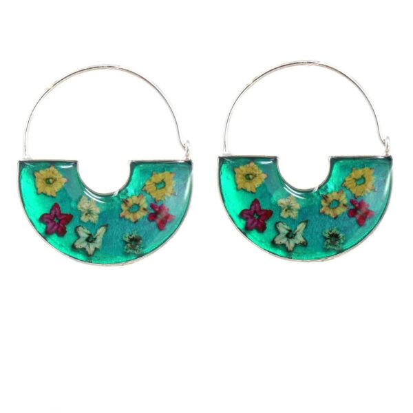 Green Pressed Flowers Basket Hoop Earrings - Image 5