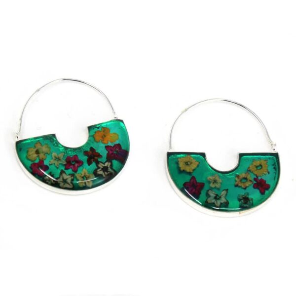 Green Pressed Flowers Basket Hoop Earrings - Image 6