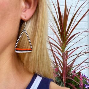Maasai Bead Triangle Dangle Earrings, Black/White/Orange