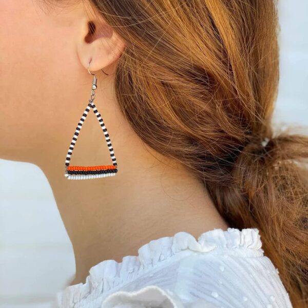 Maasai Bead Triangle Dangle Earrings, Black/White/Orange - Image 3