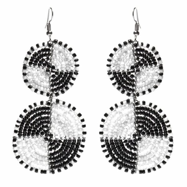 Maasai Bead Double Circle Dangle Earrings, White and Black - Image 2