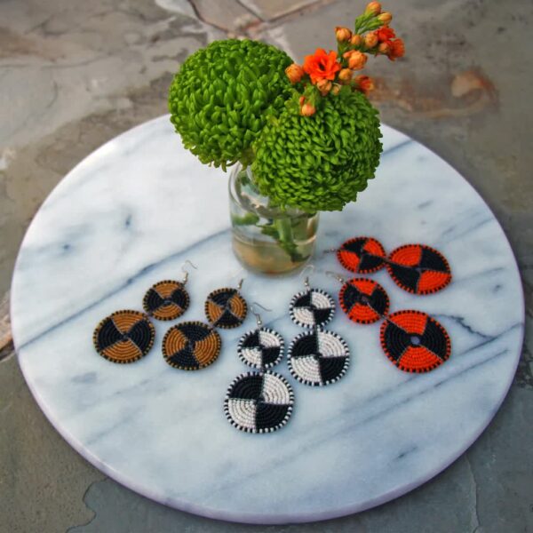 Maasai Bead Double Circle Dangle Earrings, White and Black - Image 3