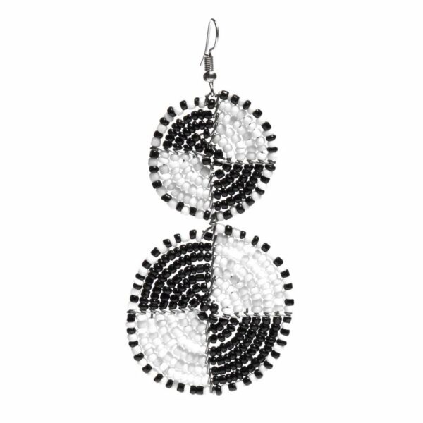 Maasai Bead Double Circle Dangle Earrings, White and Black - Image 4