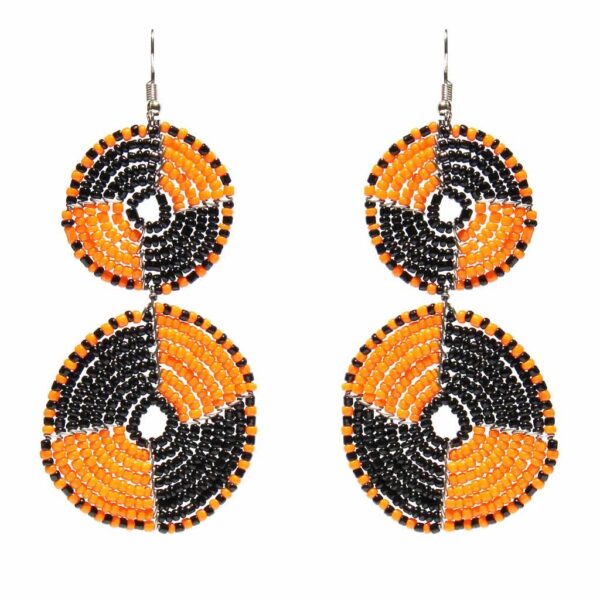 Maasai Bead Double Circle Dangle Earrings, Mango Orange and Black
