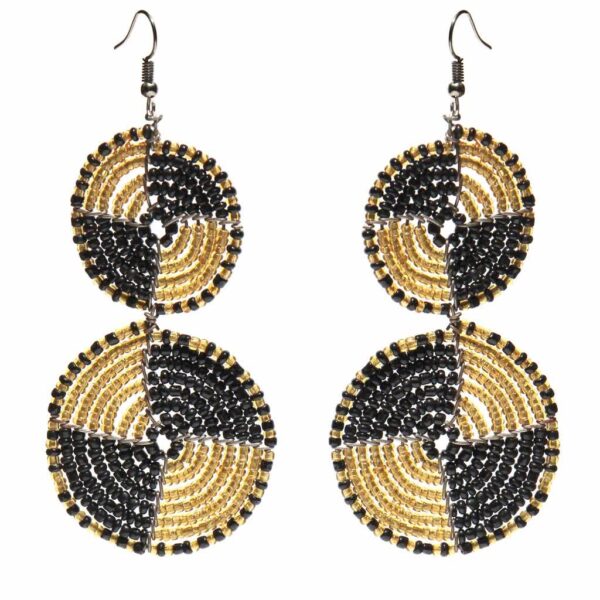 Maasai Bead Double Circle Dangle Earrings, Gold and Black - Image 3
