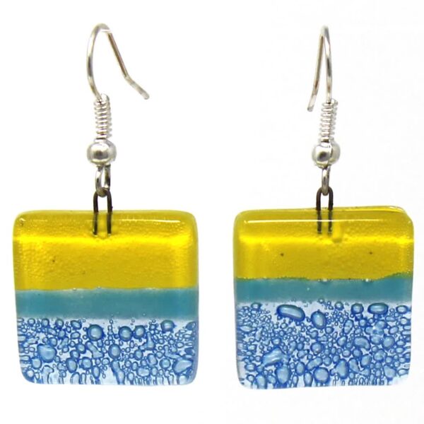 Square Glass Dangle Earrings, Yellow & Blue - Tili Glass - Image 2