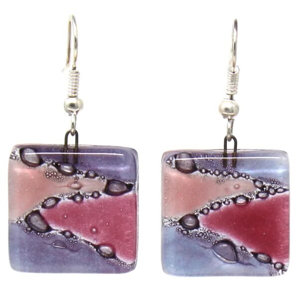 Square Glass Dangle Earrings, Zig Zag Purple & Pink - Tili Glass - Image 2