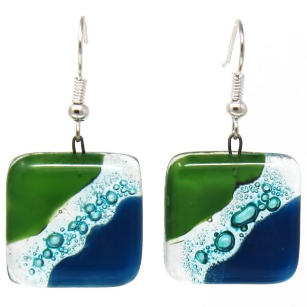 Square Glass Dangle Earrings, Blue Green Waves - Tili Glass - Image 2