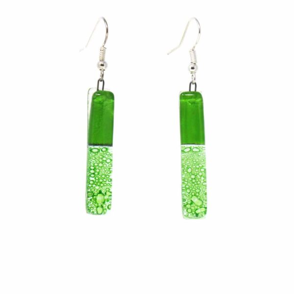 Long Rectangle Glass Dangle Earrings, Green Bubbles - Tili Glass - Image 2