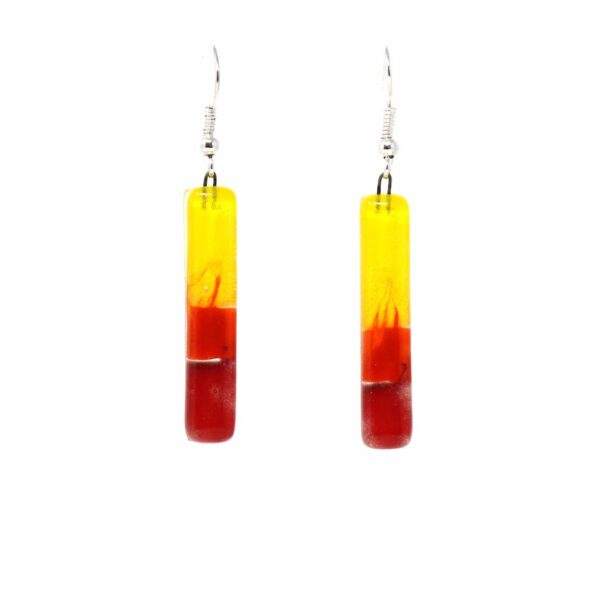 Long Rectangle Glass Dangle Earrings, Fire Red & Yellow - Tili Glass - Image 2