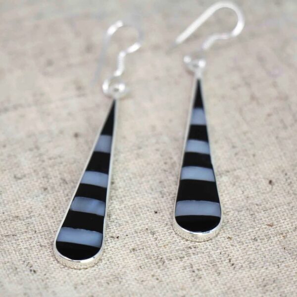 Taxco Silver Black Onyz & Abalone Zebra Long Teardrop Earrings - Image 2