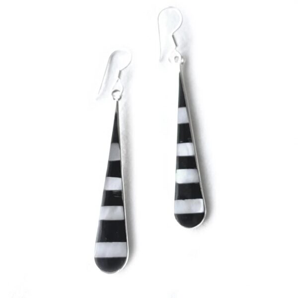 Taxco Silver Black Onyz & Abalone Zebra Long Teardrop Earrings - Image 3