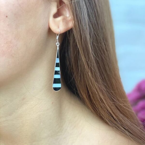Taxco Silver Black Onyz & Abalone Zebra Long Teardrop Earrings - Image 4