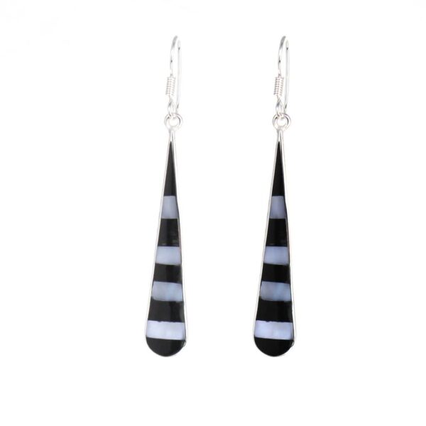 Taxco Silver Black Onyz & Abalone Zebra Long Teardrop Earrings - Image 7