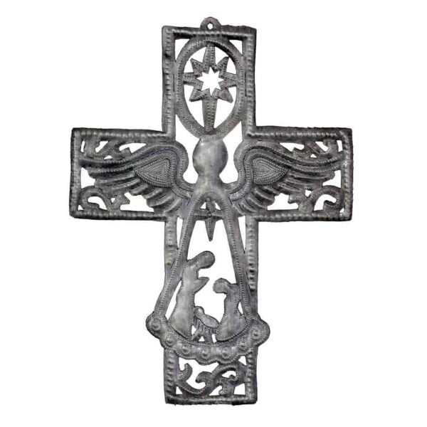Metal Cross with Angel and Nativity Scene (10" x 14") - Croix des Bouquets (H)
