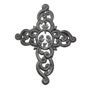 Metal Cross Wall Art, Ornate with Nativity Scene (9.5" x 12") - Croix des Bouquets (H)